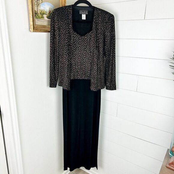 Alex Evenings 2 Piece Maxi Dress and Jacket Size 4P Black Gold Formal Glitter - Picture 1 of 8